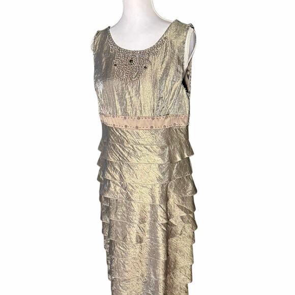 Adrianna Papell Size 12 Champagne Formal Beaded Midi Ruffled Sleeveless Dress - Picture 1 of 6